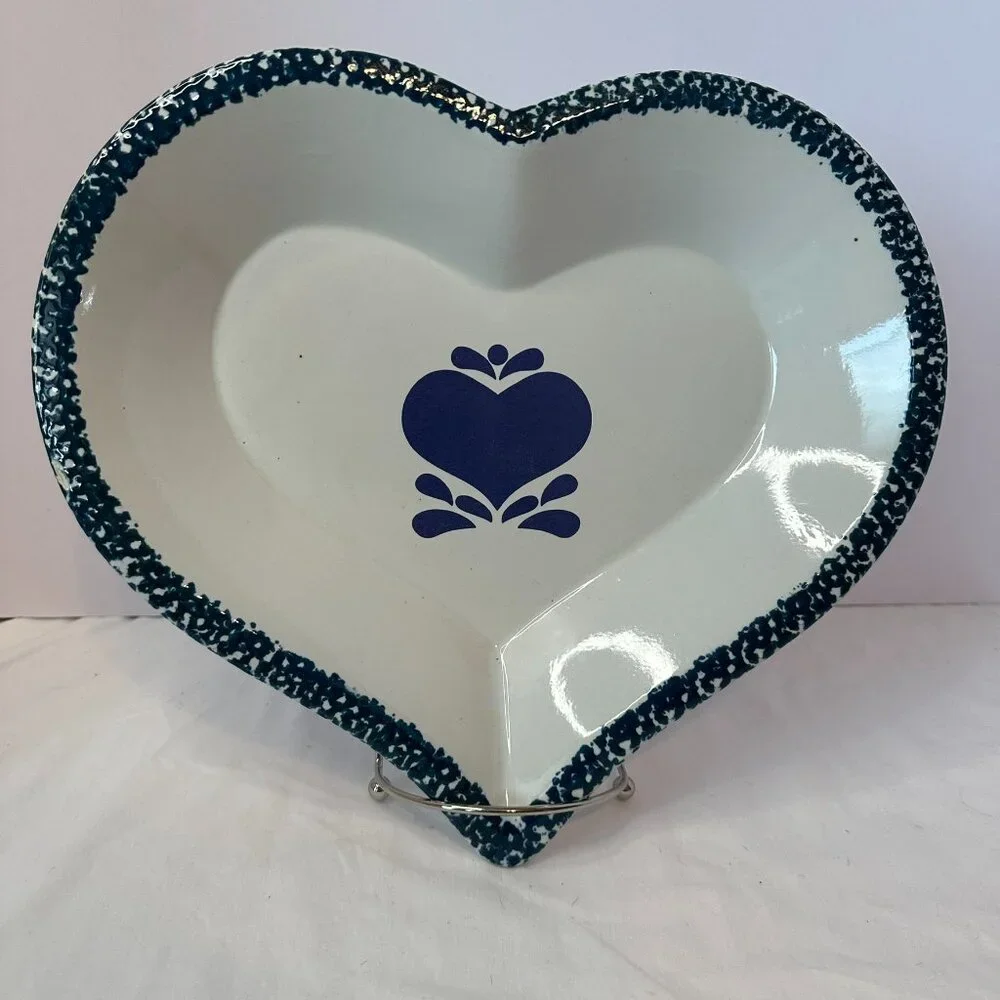 Stoneware Heart shaped Pie/Cake Baking Dish; Blue & White Glazed Ceramic Vintage
